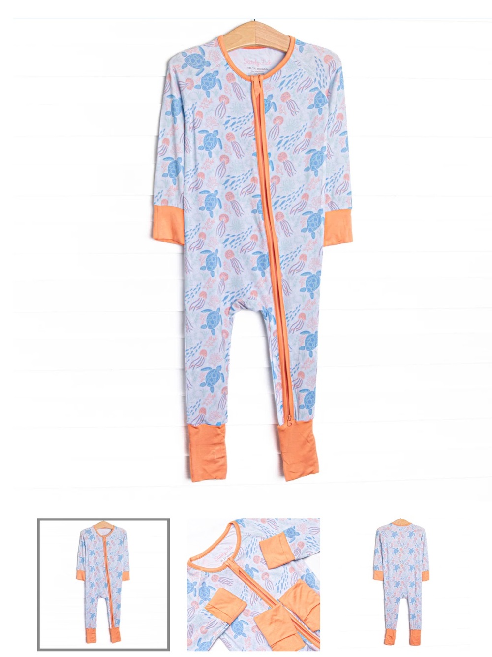 Stitchy Fish Bamboo Toddler Sea Turtle Print Zipper Pajamas - Blue & Peach